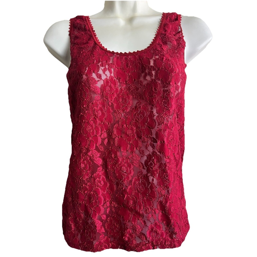 Lace Top Medium Sleeveless Shirt Red Floral Women Clothing - Picture 1 of 5